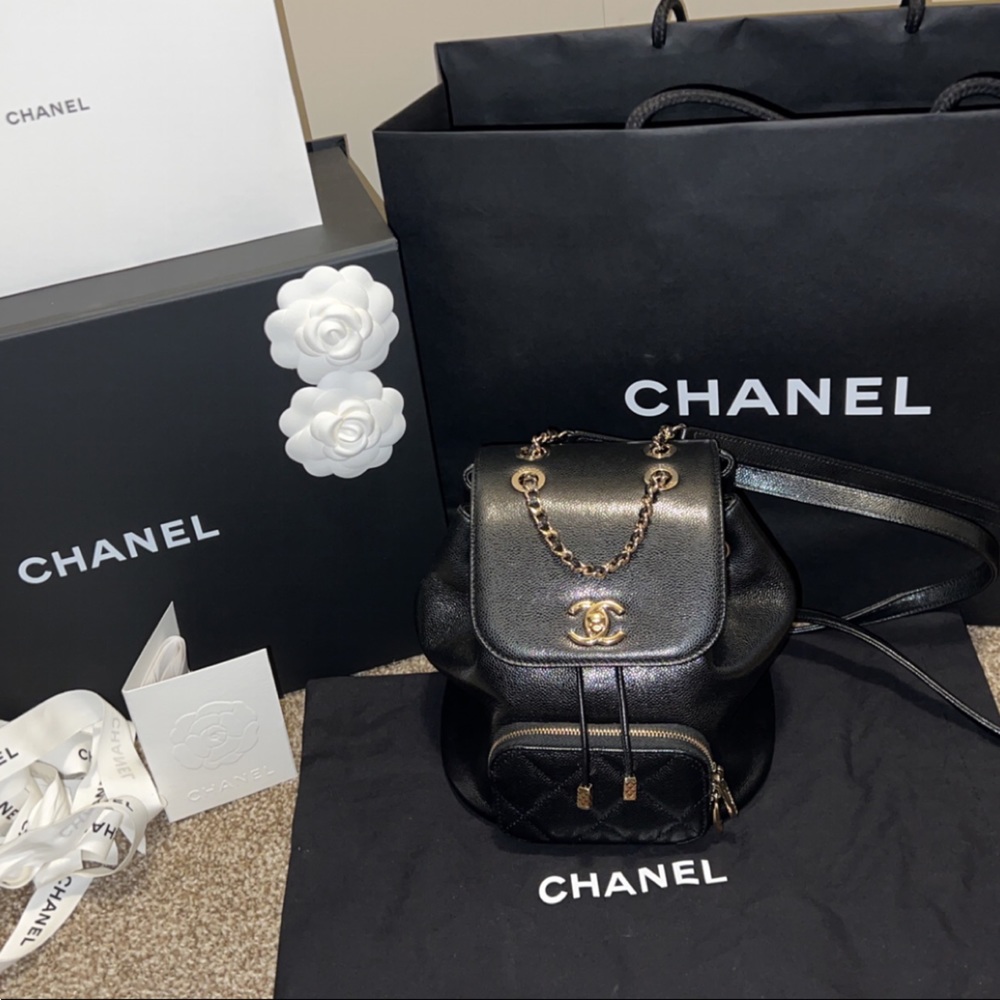 2022 Chanel Small Graine Quilted Business Affinity Backpack Black Light Gold CC